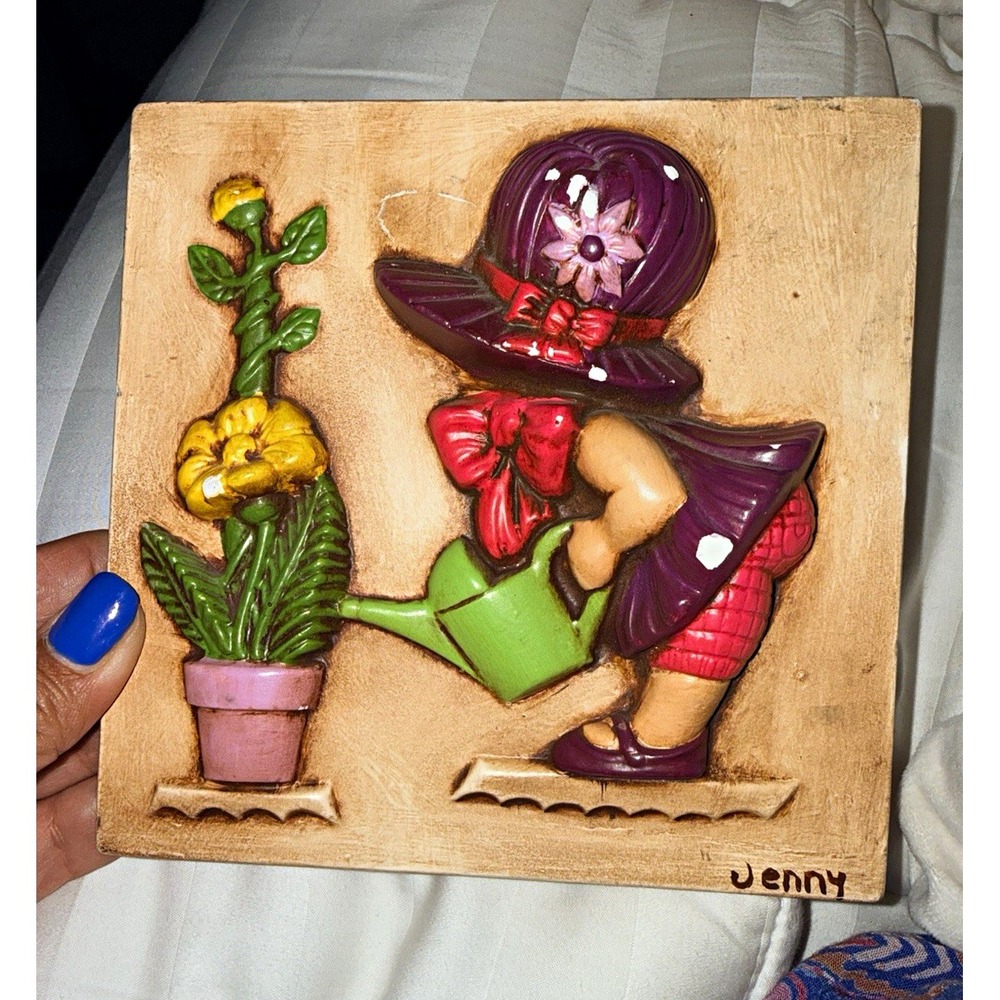Vintage Painted Wood 3D Wall Plaque Signed Jenny Girl Watering Flowers